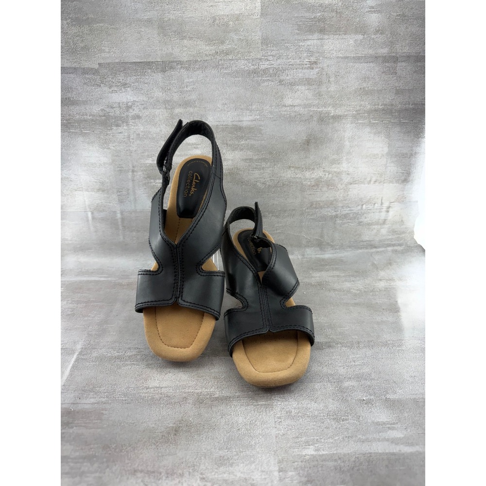 Clarks Collection Black Leather Wedge Sandals Comfort Slingback Women Size 7